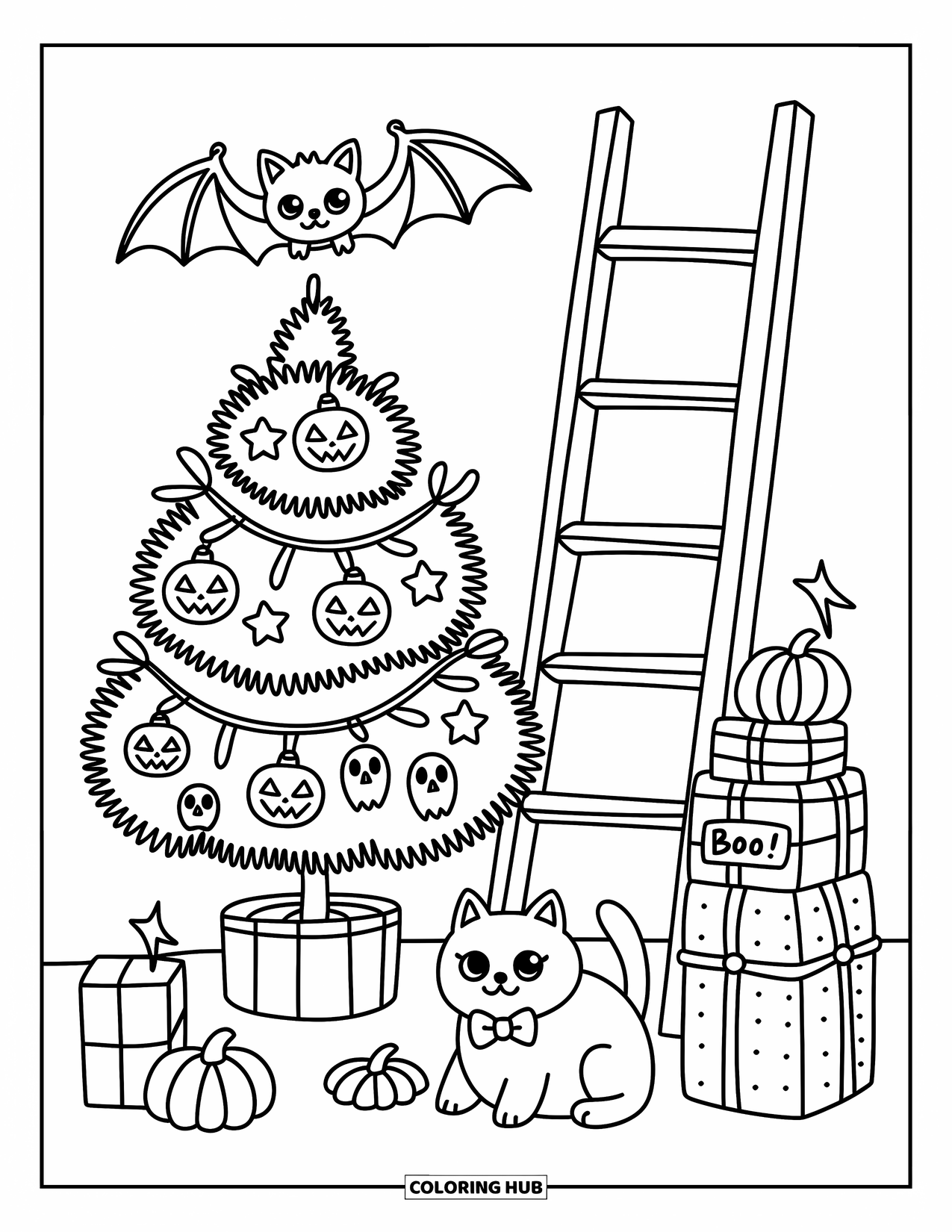 Desen de colorat cu lilieci pentru adulți: Un liliac kawaii atârnă de un copac de Halloween lângă o pisică și cadouri marcate cu BOO!