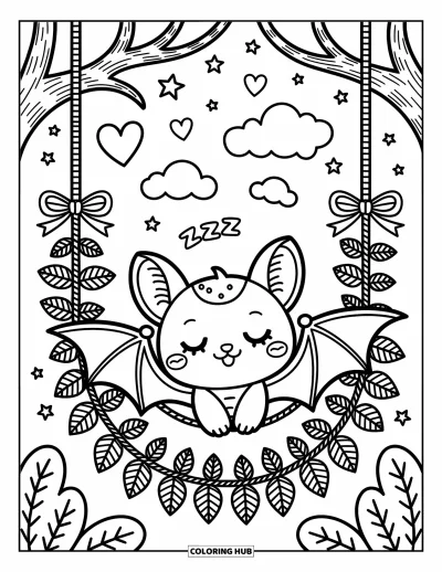 Coloriage de chauves-souris pour adultes : Une chauve-souris kawaii dort dans un hamac de feuilles sous des nuages rêveurs et des décorations scintillantes