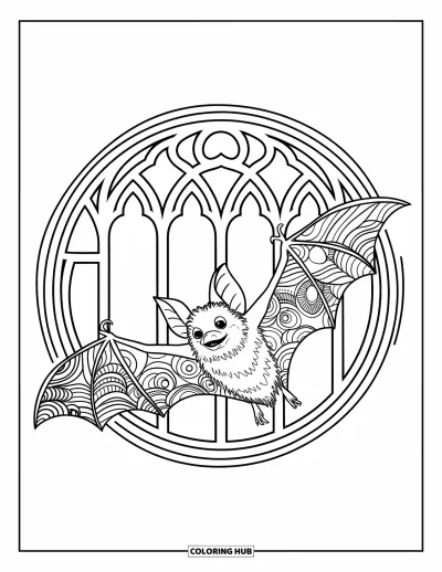 Coloriage de chauves-souris pour adultes : Une chauve-souris en plein vol est encadrée par des arches délicates et des plumes zentangle détaillées