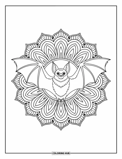 Coloriage de chauves-souris pour adultes : Une chauve-souris aux ailes déployées est posée au centre d’un mandala rayonnant