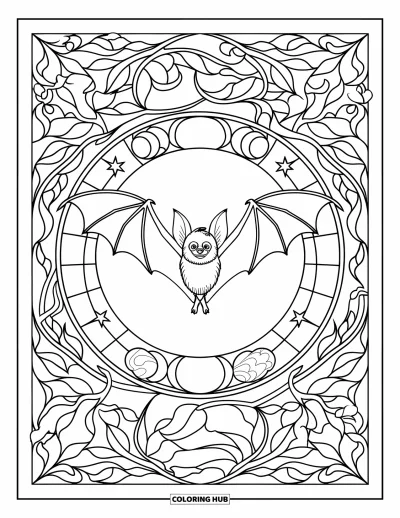 Coloriage de chauves-souris pour adultes : Un cercle style vitrail avec des lunes et des vignes entoure une chauve-souris en vol
