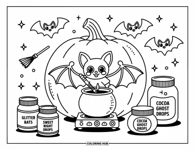 Coloriage de chauves-souris pour adultes : Une toute petite chauve-souris prépare une potion dans un labo en citrouille pendant que des chauves-souris sur balais tourbillonnent dans les airs