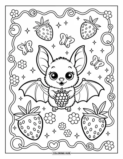 Coloriage de chauves-souris pour adultes : Une toute petite chauve-souris tient des framboises derrière un buisson avec des fraises flottantes, des fleurs et des papillons