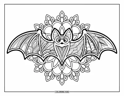 Coloriage de chauves-souris pour adultes : Une chauve-souris remplie de motifs zentangle est entourée de détails de mandala floral gothique