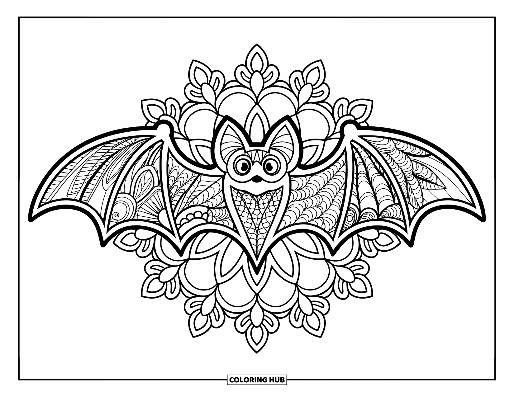 Desen de colorat cu un liliac pentru adulți: Un liliac umplut cu zentangle este înconjurat de detalii florale gotice de mandala