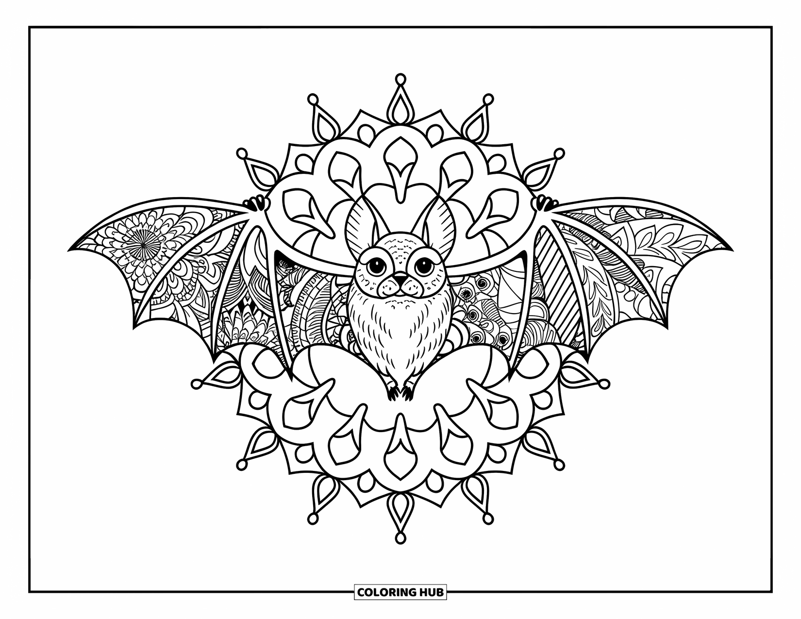Desen de colorat cu un liliac pentru adulți: Aripi decorative cu modele zentangle încadrează un liliac în stil floral gotic
