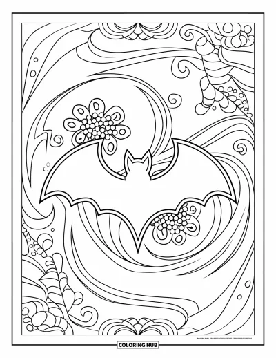 Coloriage de chauves-souris pour adultes : Des volutes florales et des motifs zentangle entourent une silhouette de chauve-souris