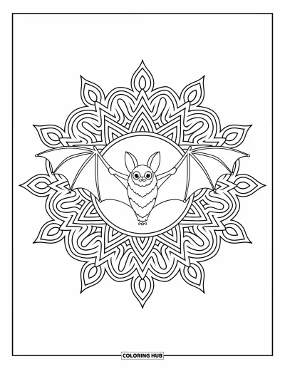 Coloriage de chauves-souris pour adultes : Des pétales de mandala s’étendent vers l’extérieur depuis une chauve-souris centrale aux ailes ouvertes