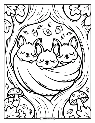 Coloriage de chauves-souris pour adultes : Des chauves-souris endormies se blottissent ensemble dans un creux douillet avec des glands, des champignons et des feuilles éparpillées