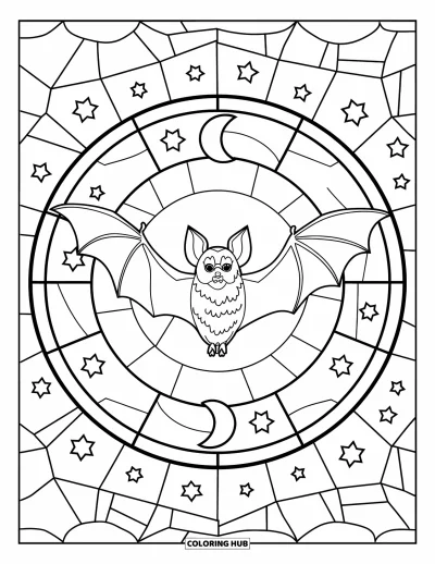 Coloriage de chauves-souris pour adultes : Des segments style vitrail d’étoiles et de lunes entourent une chauve-souris volante au centre