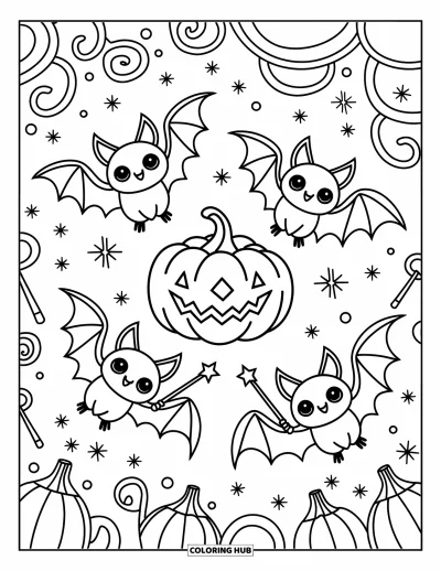 Coloriage de chauves-souris pour adultes : Trois chauves-souris tournent autour d’une citrouille-cristal lumineuse avec des étincelles, des potions et des volutes dans l’air