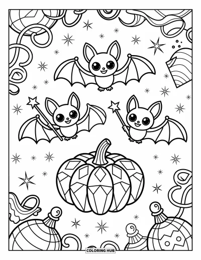 Coloriage de chauves-souris pour adultes : Trois chauves-souris avec des baguettes étoilées tourbillonnent autour d’une citrouille-cristal lumineuse parmi des étincelles