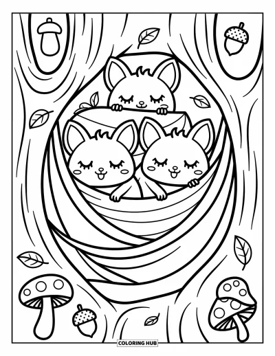 Coloriage de chauves-souris pour adultes : Trois chauves-souris toutes douces font la sieste dans un arbre creux avec de petits champignons et des feuilles fantaisie autour