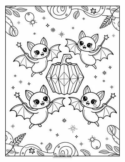 Coloriage de chauves-souris pour adultes : Trois chauves-souris magiques volent en cercle autour d’une citrouille-cristal flottante et lumineuse