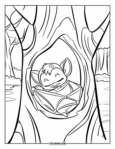 Coloriage de chauves-souris pour enfants : Un chauve-souriceau se blottit dans un arbre dans une forêt paisible aux branches feuillues