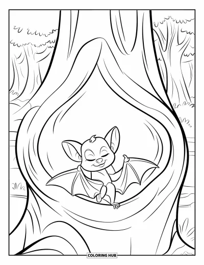 Coloriage de chauves-souris pour enfants : Un chauve-souriceau dort dans un arbre creux niché dans une forêt calme et verte