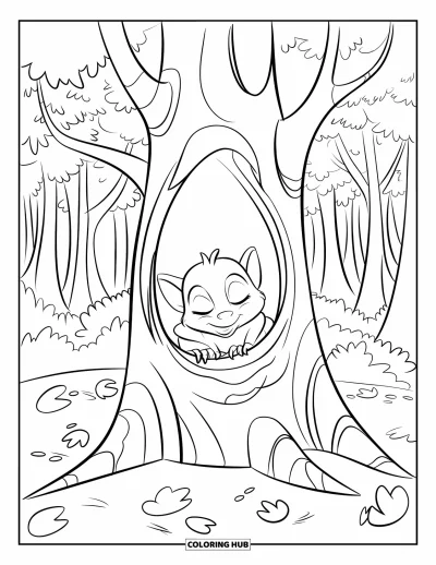Coloriage de chauves-souris pour enfants : Un chauve-souriceau dort dans un arbre creux entouré de feuilles et d’arbres voisins