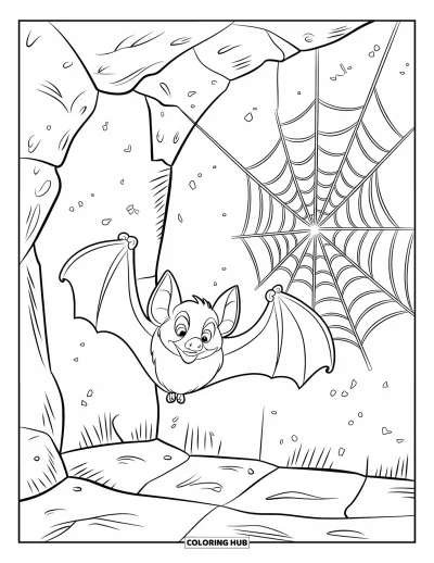 Coloriage de chauves-souris pour enfants : Une chauve-souris et une toile d’araignée sont suspendues dans une grotte sombre aux parois de pierre rugueuses
