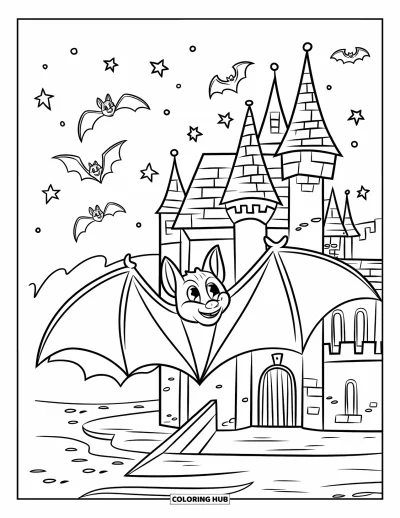 Coloriage de chauves-souris pour enfants : Une chauve-souris tourne autour d’un château avec des tours, des douves et un ciel rempli d’étoiles