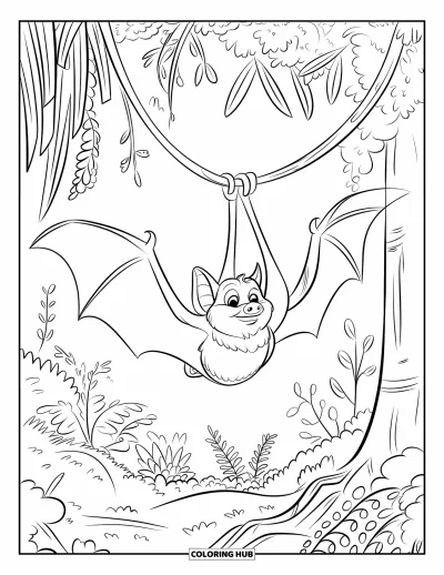 Coloriage de chauves-souris pour enfants : Une chauve-souris pend la tête en bas à une liane dans une forêt luxuriante remplie de plantes