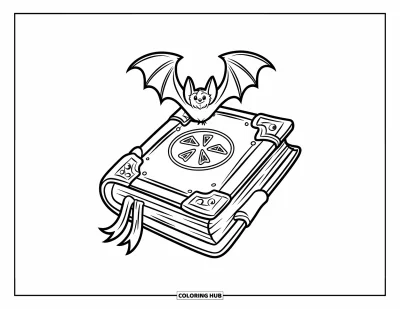 Coloriage de chauves-souris pour enfants : Une chauve-souris surgit d’un grimoire lumineux gravé de runes et d’étincelles flottantes