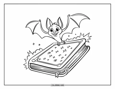 Coloriage de chauves-souris pour enfants : Une chauve-souris s’échappe d’un grimoire flottant rempli de runes et d’énergie magique
