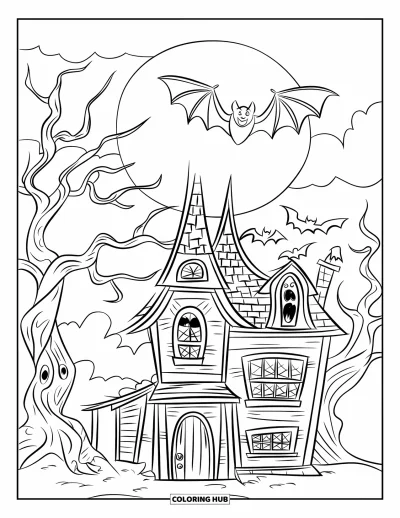 Coloriage de chauves-souris pour enfants : Une chauve-souris vole au-dessus d’une maison hantée aux fenêtres tordues sous un ciel nuageux