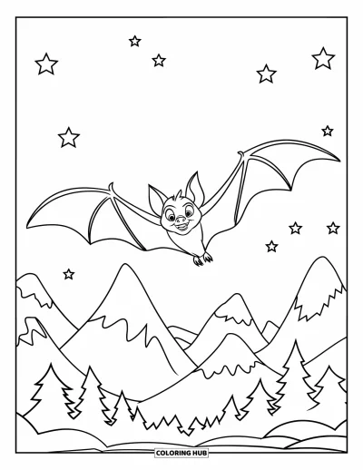 Coloriage de chauves-souris pour enfants : Une chauve-souris vole au-dessus d’une petite forêt avec des étoiles scintillant au-dessus de silhouettes de montagnes