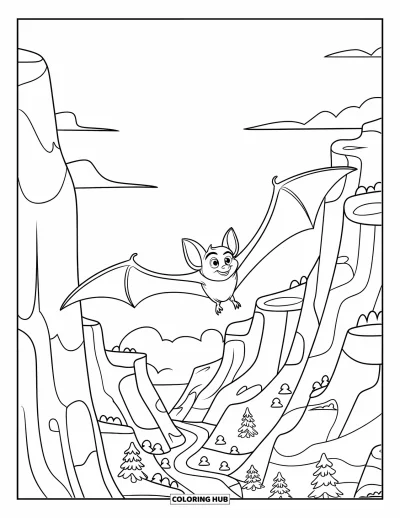 Coloriage de chauves-souris pour enfants : Une chauve-souris vole haut au-dessus de falaises et d’une rivière sinueuse dans une vallée luxuriante