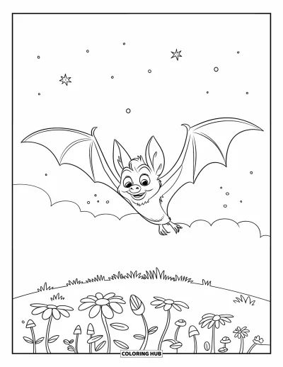 Coloriage de chauves-souris pour enfants : Une chauve-souris vole bas au-dessus d’une colline couverte de fleurs sous un ciel étoilé