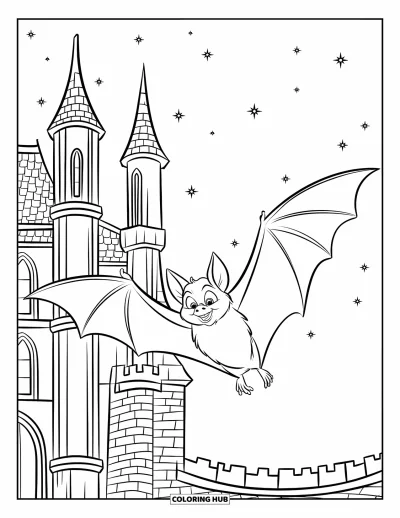 Coloriage de chauves-souris pour enfants : Une chauve-souris vole près d’un château gothique aux hautes tours sous un ciel étoilé
