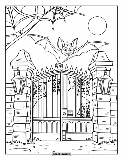 Coloriage de chauves-souris pour enfants : Une chauve-souris vole au-dessus d’une porte gothique avec des pics en fer et des lanternes lumineuses
