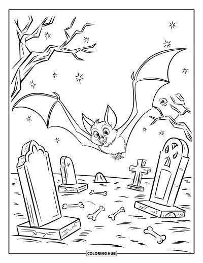 Coloriage de chauves-souris pour enfants : Une chauve-souris vole au-dessus d’un cimetière avec des tombes tordues et des arbres squelettiques