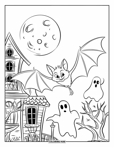 Coloriage de chauves-souris pour enfants : Une chauve-souris vole au-dessus d’une maison hantée aux fenêtres tordues et aux formes fantomatiques