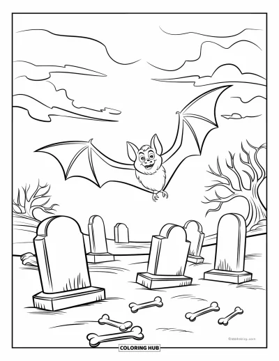 Coloriage de chauves-souris pour enfants : Une chauve-souris vole devant des pierres tombales et des arbres dénudés sous un ciel nuageux
