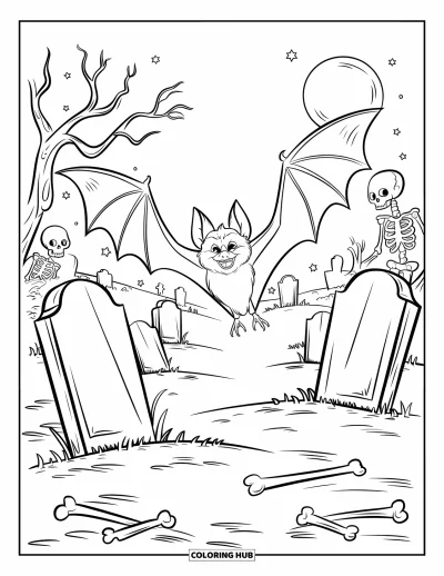 Coloriage de chauves-souris pour enfants : Une chauve-souris vole vers la lune au-dessus d’un cimetière d’os et d’arbres morts
