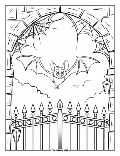 Coloriage de chauves-souris pour enfants : Une chauve-souris vole sous un ciel nuageux au-dessus d’une porte avec des pics en fer et des lanternes