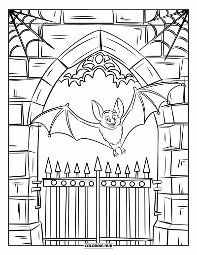 Coloriage de chauves-souris pour enfants : Une chauve-souris plane au-dessus d’une porte inquiétante couverte de toiles d’araignée et de vieilles lanternes