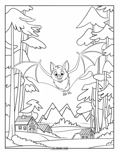 Coloriage de chauves-souris pour enfants : Une chauve-souris plane au-dessus de grands arbres avec des maisons blotties près de silhouettes de montagnes