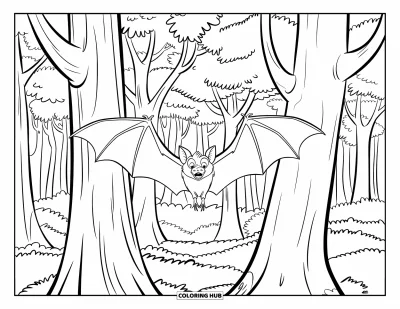 Coloriage de chauves-souris pour enfants : Une chauve-souris glisse entre des arbres de formes variées dans une forêt verdoyante