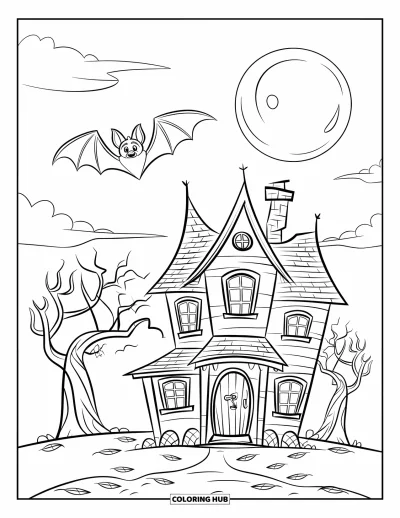 Coloriage de chauves-souris pour enfants : Une chauve-souris plane au-dessus d’une maison hantée entourée d’arbres sans feuilles et de nuages