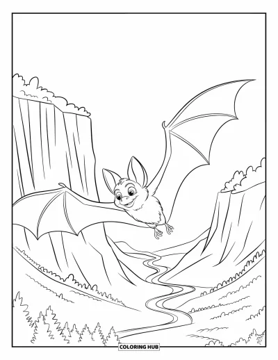 Coloriage de chauves-souris pour enfants : Une chauve-souris plane devant des falaises au-dessus d’une vallée paisible avec des routes sinueuses et des arbres