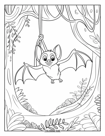 Coloriage de chauves-souris pour enfants : Une chauve-souris est suspendue dans une forêt magique remplie de plantes et de grands ciels ouverts