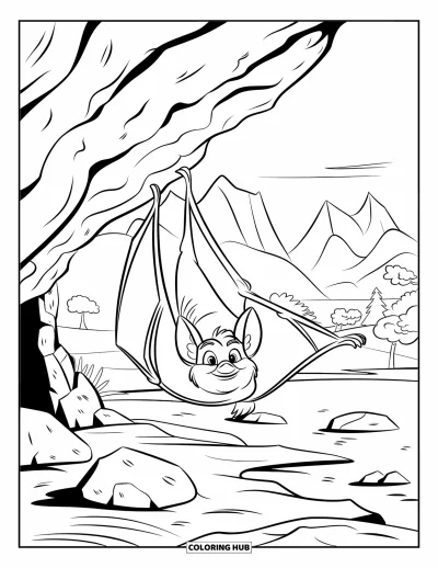 Coloriage de chauves-souris pour enfants : Une chauve-souris est suspendue dans une grotte rocheuse avec des montagnes et des arbres au loin