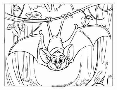 Coloriage de chauves-souris pour enfants : Une chauve-souris est suspendue la tête en bas à une branche feuillue dans une zone boisée et tranquille