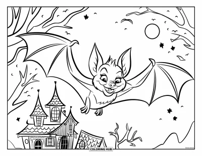Coloriage de chauves-souris pour enfants : Une chauve-souris en cape vole au-dessus d’une maison hantée aux toits pointus et entourée d’arbres