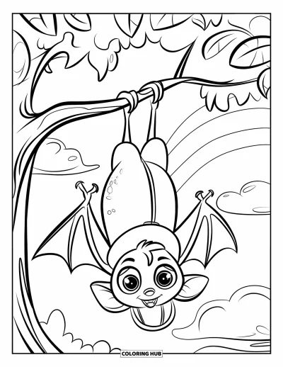 Coloriage de chauves-souris pour enfants : Une chauve-souris avec un petit chapeau est suspendue à une branche feuillue avec des nuages et un arc-en-ciel tout près