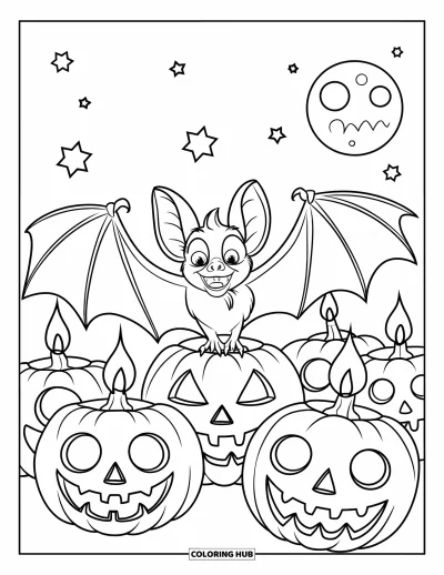 Coloriage de chauves-souris pour enfants : Une chauve-souris est entourée de citrouilles effrayantes qui brillent sous un ciel nocturne étoilé