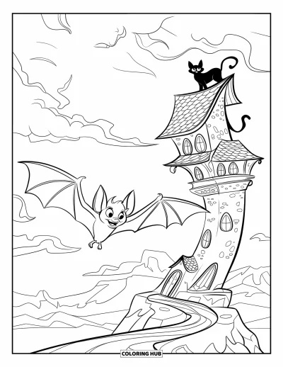 Coloriage de chauves-souris pour enfants : Une chauve-souris passe près d’une tour tordue sous des nuages orageux et un chemin rocheux
