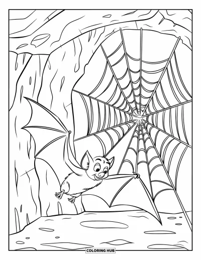 Coloriage de chauves-souris pour enfants : Une chauve-souris se perche près d’une toile d’araignée détaillée à l’intérieur d’une grotte rugueuse et sombre